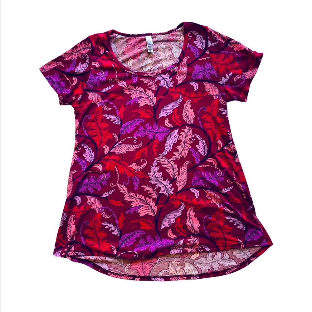 LuLaRoe Women's Short Sleeve Tee - Red and Purple Feather Print - Size S…